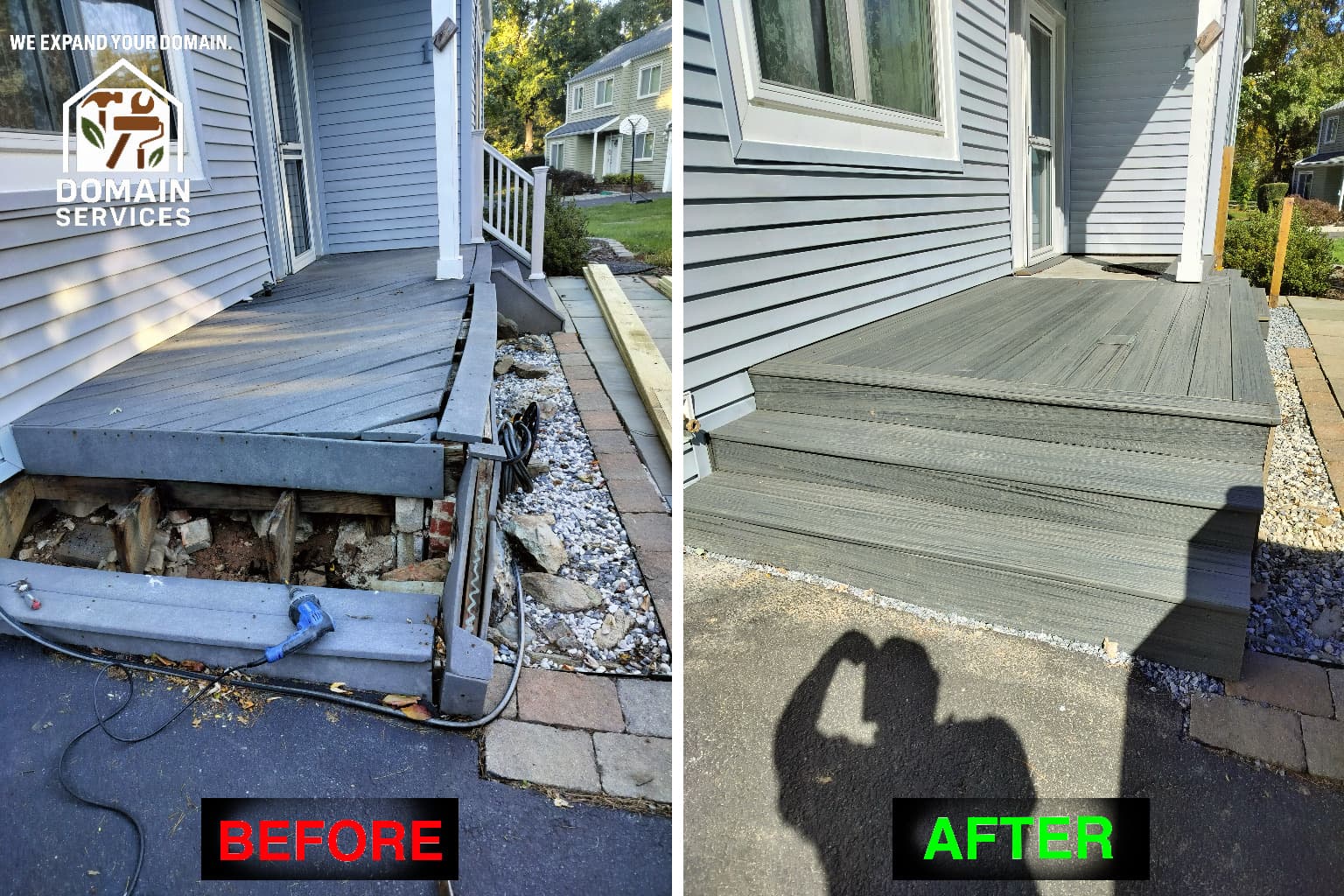 Before and after composite deck rebuild by Domain Services in PG County, Maryland